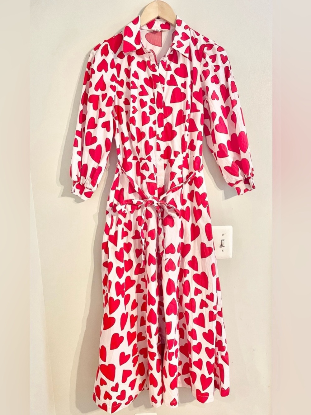 Boden Clara Red Heart-Print Button-Front Maxi Dress Tie Waist Sz US 4R UK 8R- EU - Picture 2 of 14